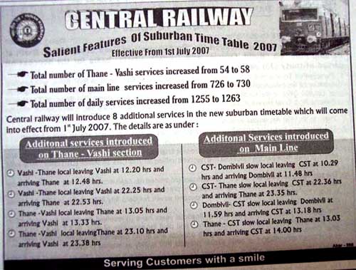 Central Railway Salient Features of Suburban Time Table 2007 Effective from 1st July 2007